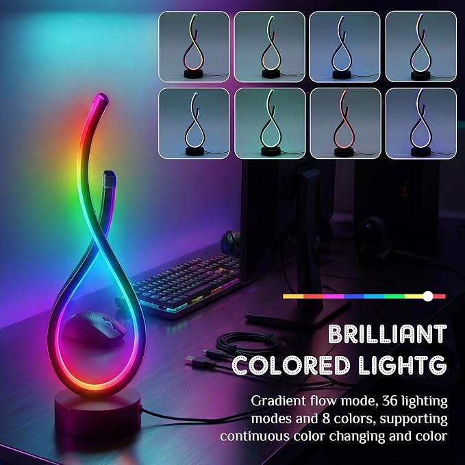 VIHOSE Spiral Unique Desk Lamp RGB Modern Spiral LED Table Lamp Bedside Nightstand Remote Control Dimmable 8 Colors 36 Light Mode Cool Stepless Desk Lamps USB Gaming Living Room Bedroom Gift, Black - Image 6