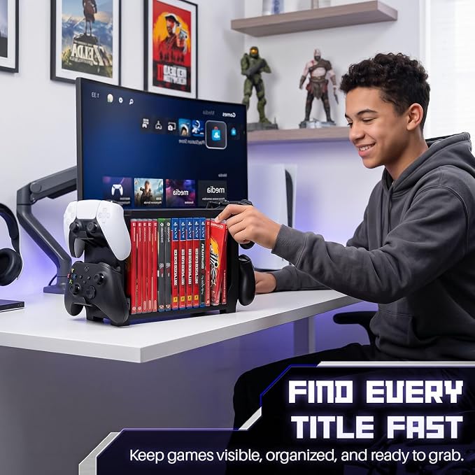 TNP Video Game Storage Tower for PS5, 15 Game Cases, 4 Controllers, Black - Image 8