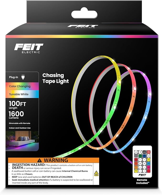Feit Electric 100ft Chasing & Tunable White LED Tape Light, Dimmable, RGB Colors, Cuttable for Custom Fit, Slim 0.4-Inch Width, Indoor/Outdoor Plug-in Light Strip, Remote Controlled, TAPE1200/CHASE by FeitElectricCompany