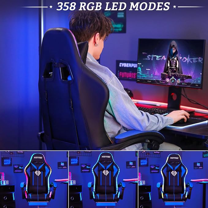 RGB Gaming Chair with LED Lights Massage Ergonomic Computer Chairs-Blue | High Back Video Game Chair with Footrest & Adjustable Lumbar Support Gamer Chairs for Adults Racing Style Recline - Image 5