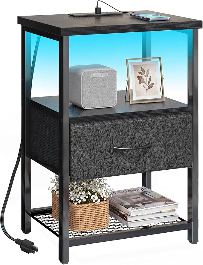 Fixwal Night Stand with Charging Station, Black Led Nightstand, 1 Drawer by Fixwal