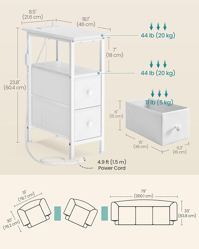 SONGMICS Side Table with LED Light, Narrow End Table with 2 Fabric Drawers - Image 2