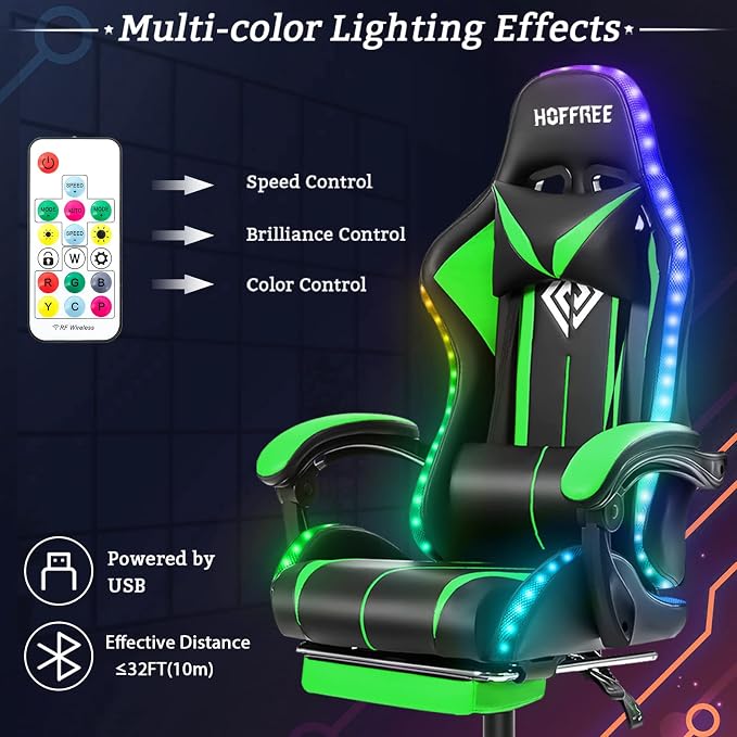 RGB Gaming Chair with LED Lights Massage Ergonomic Computer Chairs-Green | High Back Video Game Chair with Footrest & Adjustable Lumbar Support Gamer Chairs for Adults Racing Style Recline - Image 4