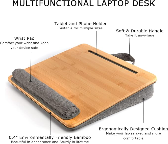 SUMISKY Lap Desk-Portable Laptop Stand with Cushion, Bamboo Platform with Phone Holder, Wrist Pad Fits up to 15.6 Inch Laptops - Image 4