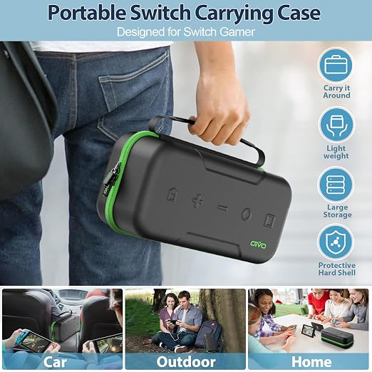 OIVO Switch OLED Carrying Case Compatible with Nintendo Switch & OLED, Portable Switch Travel Carry Case Fit for Joy-Con and Adapter, Hard Shell Protective Switch Pouch Bag with 20 Games, Green - Image 7