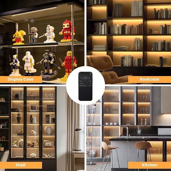 Black Shelf Lights, LED Bookcase Lighting Compatible with Alexa, WiFi Dimmable 2700K Under Shelf Lighting for Bookshelf, Display Case, Cabinets with App, Remote, Memory Function (4Pack 12In) - Image 6