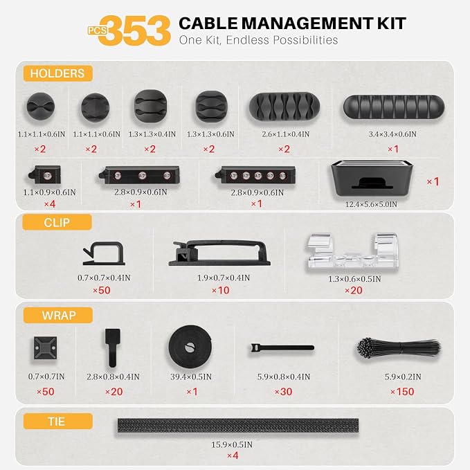 353 PCS Cable Management Kit Cable Management Box for Desk Organizer - Image 2