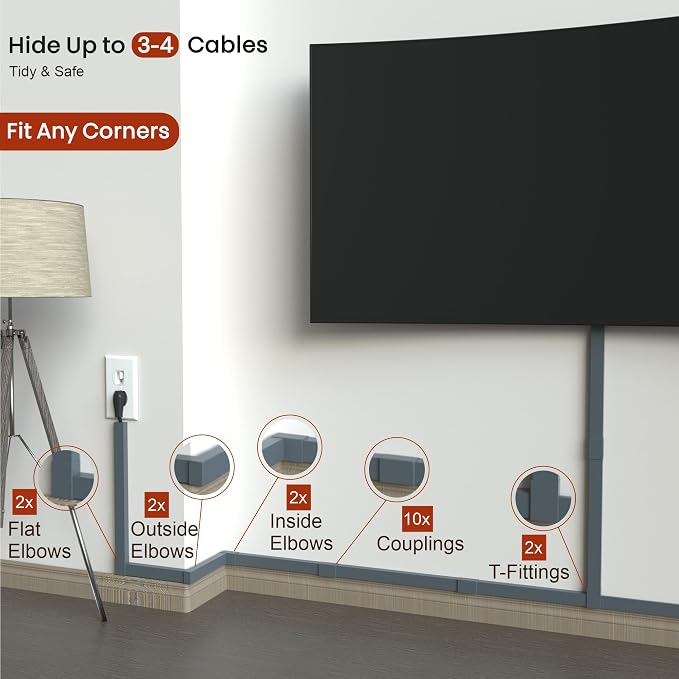 Grey Cable Cover Cord Hider - 157in Wire Hider on Wall Mounted, Grey Cord Cover Kit for Wall Mounted TV, Hide Wires Along Wall, Decorative Cable Raceway, Electrical Cable Concealer, Gray Cable Channel - Image 4