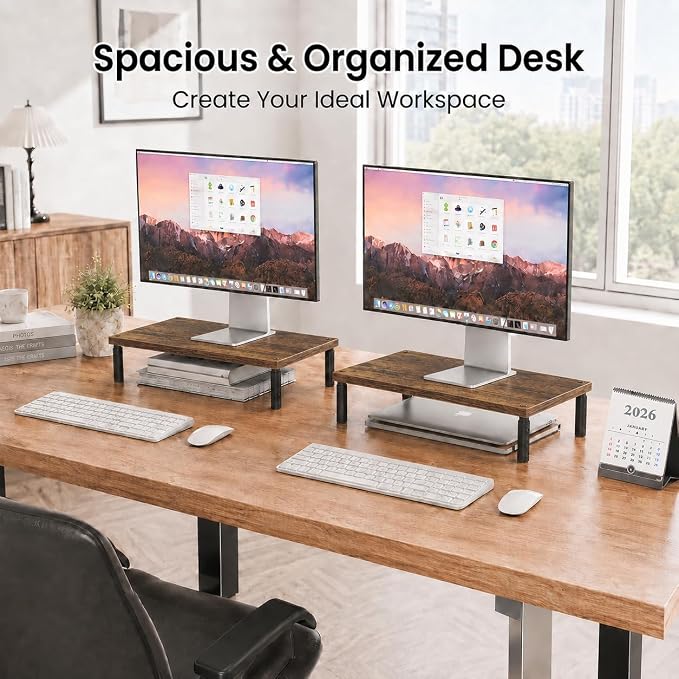 OPNICE Adjustable Monitor Stand Riser for Desk, Wood Computer & Laptop Stand, Desk Organizers and Accessories, Office Desk Accessories & Workspace Organizer for Home Office Supplies, Brown - Image 3