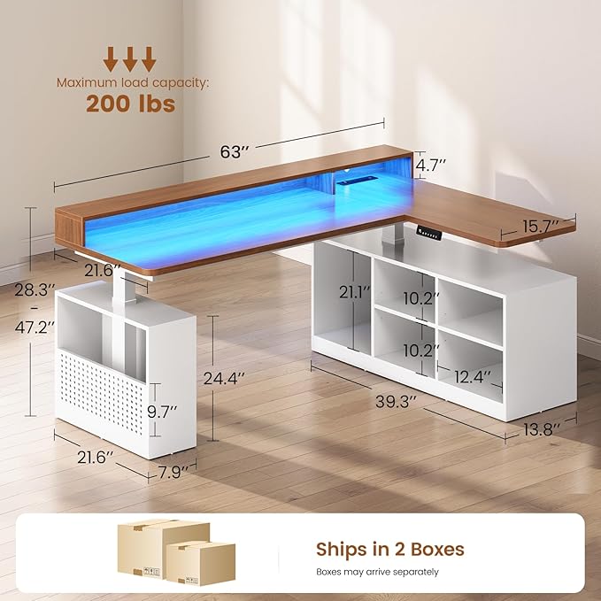 SEDETA L Shaped Electric Standing Desk, 63 inch Gaming Computer Desk with Storage Shelves and LED Lights, Height Adjustable Office Desk with Power Outlet and Pegboard, Brown Desktop - Image 2