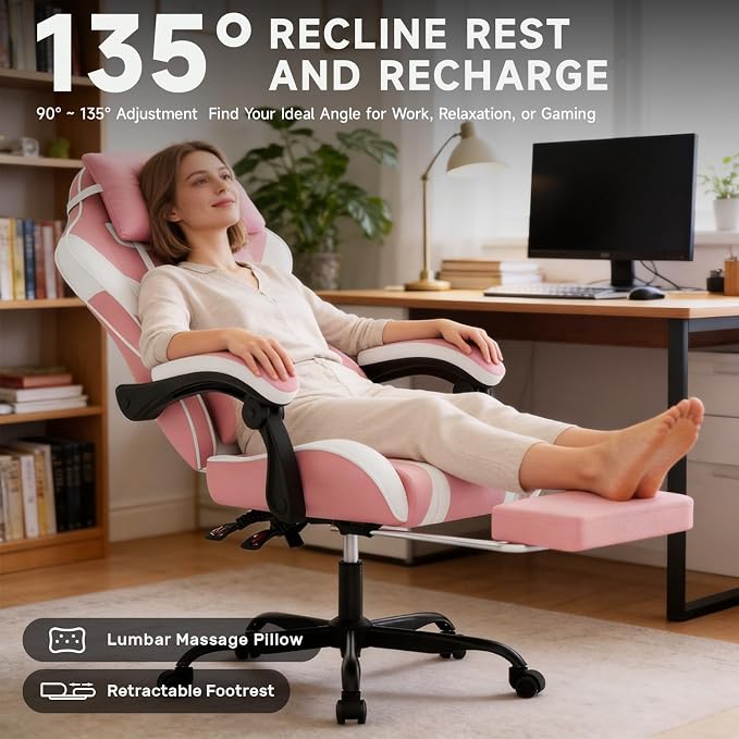 Ergonomic Gaming Chair,A Versatile 3-in-1 Video Game Chair for Work, Study, and Gaming,Features an Adjustable Backrest, Footrest, and Linked Armrests Office Chair for Adults,Pinkwhite - Image 3