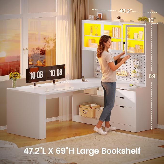 SEDETA L Shaped Corner Gaming Desk with 3 Wood Drawer and Large Bookshelf | L Shaped Computer Desk with LED Light, Display Cabinet and Pegboard for Home Office, 27.5" W Large Desktop Table, White - Image 6