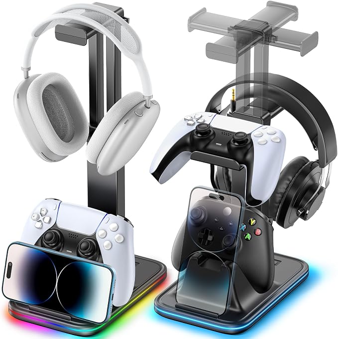 Gaming Headset & Controller Stand, Rotating Headphone Storage with 2 Controllers and Phone Holder, 9‑Color RGB Game Desk Storage for PS5/PS4/XBOX, PC Gamer Essentials Organizer Gift Accessories by Unknown