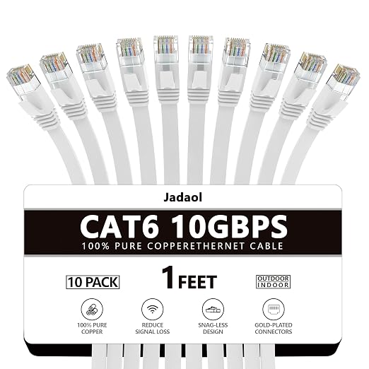 Jadaol Cat6 Ethernet Cable 1FT 10-Pack 10Gbps Flat Network Cable, White by Jadaol