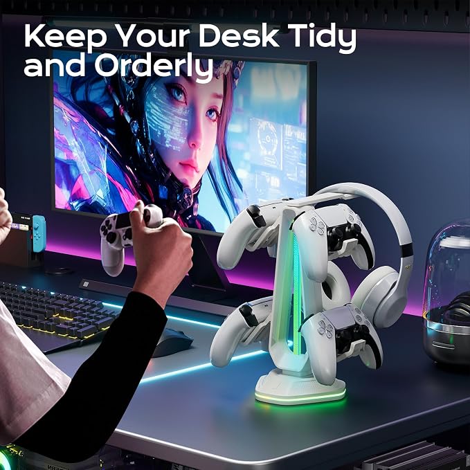 Saitake RGB Controller Stand with 9 Light Modes,Controller Holder with 2 USB Ports,Headset Stand for Desk-Headphone Holder Suitable for All Headphones and Controller (White) - Image 6
