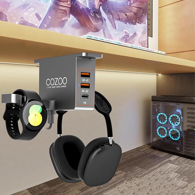 cozoo Desk Headphone Holder Hook Headset Watch Cable Bag Storage Grey | 2 USB-A & 1 Type-C Ports; Holds Headphones,Watches, Cables, Various Bags,Multifunctional Desk Storage Hook for Gaming Office - Image 2