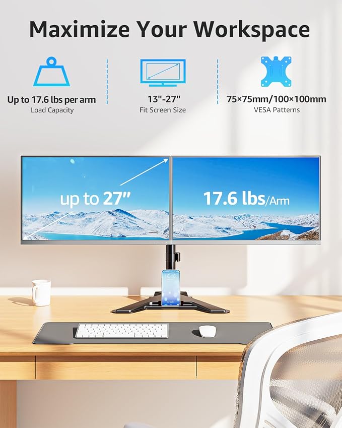MOUNTUP Dual Monitor Stand - Freestanding & Height Adjustable Monitor Desk Mount, Steady VESA Mount Holds Max 17.6 lbs, Computer Monitor Stand for 2 Screens up to 27 inches, For Home Office - Image 2