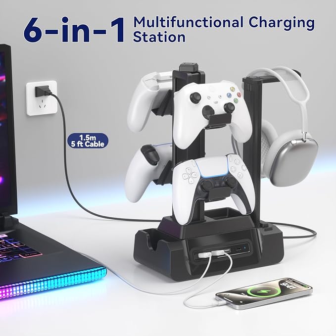 KDD Charging Station for Multiple Devices - 4 Ports Charging Dock with Controller and Headset Stand - 3 USB A & 1 USB C for Cellphone Tablet and Other Electronic - Multi Storage for Gaming Accessories - Image 8