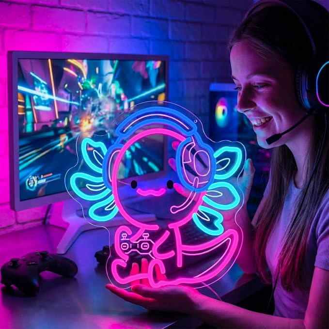 Cute Axolotl Gaming Neon Sign with Headset & Controller,LED Neon Wall Light for Gamer Room Decor,USB Powered Dimmable Neon Light for Bedroom,Teens Room,Game Setup - Image 7