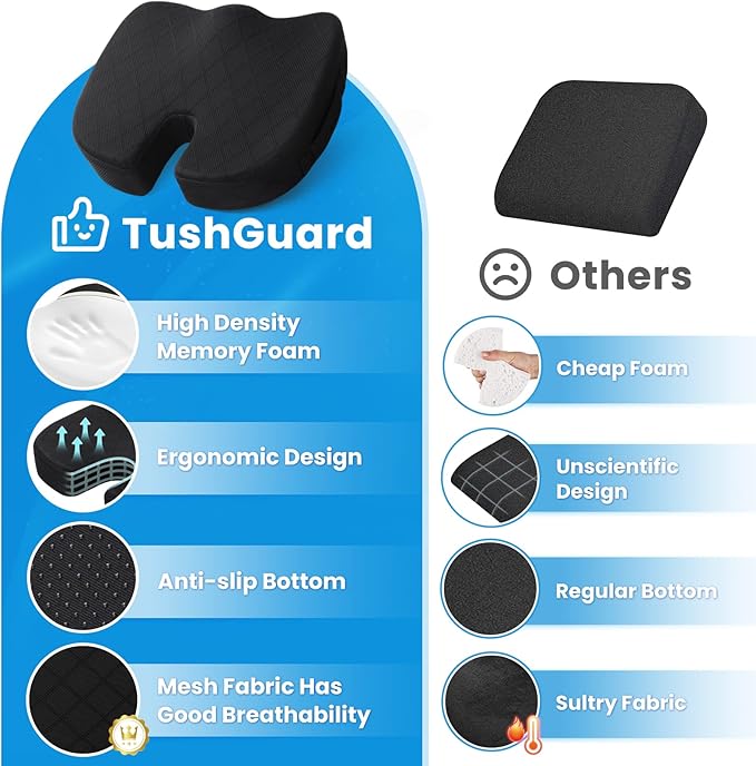 TushGuard Seat Cushion, Office Chair Cushions, Car Seat Cushion, Non-Slip Sciatica & Back Coccyx Tailbone Pain Relief Chair Pad for Computer Desk, Wheelchair, Driving (Black, X-Large) (Pack of 2) - Image 6