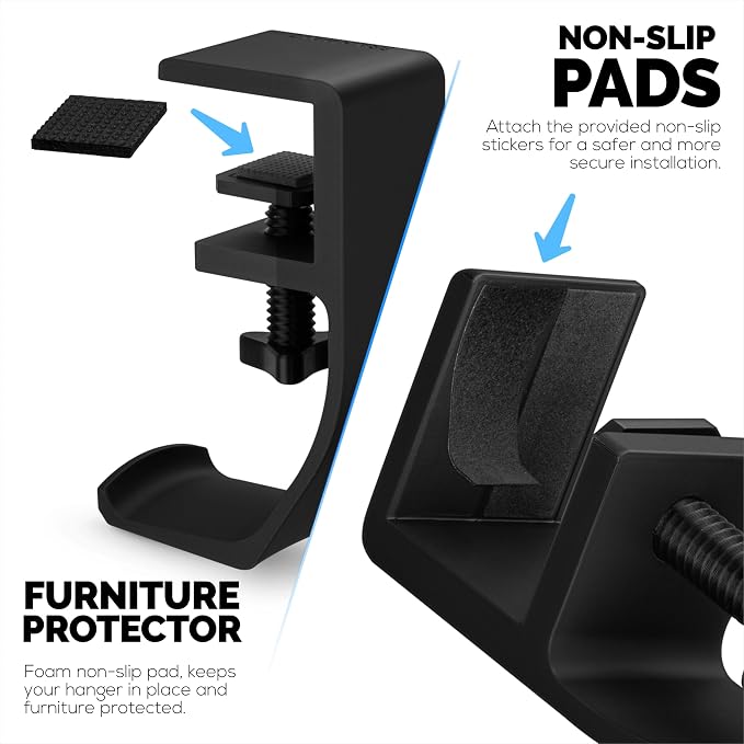 BRAINWAVZ Claw - Under Desk Headphone Hanger Stand, Screw in Place, Easy to Install with Adjustable Mounting Clamp, Suitable for All Headsets, Black - Image 3