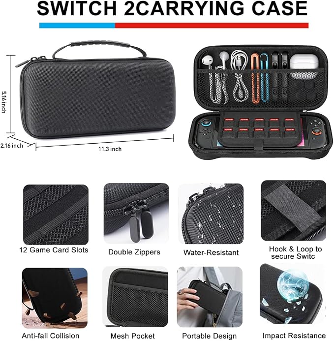 Accessories Bundle for Nintendo Switch 2, OUNFNOE 18-IN-1 Kits for Switch 2 Accessories, Carrying Case, Controller Charging Dock, Joy-Con Thumb Grips, Tempered Screen Protector, Steering Wheels for Mario Kart, Protective Console Cover - Image 4