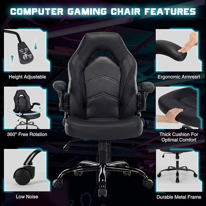 Sweetcrispy Computer Gaming Chair, Home Office Desk Chair, PU Leather | Big Tall Ergonomic, Flip-up Armrest, 360 Swivel Wheels, PU Leather Height Adjustable, Home Computer, Black - Image 6