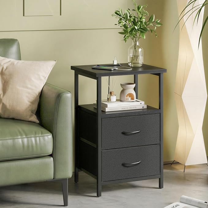 Fixwal Night Stand with Charging Station, 2 Fabric Drawers, Black - Image 6
