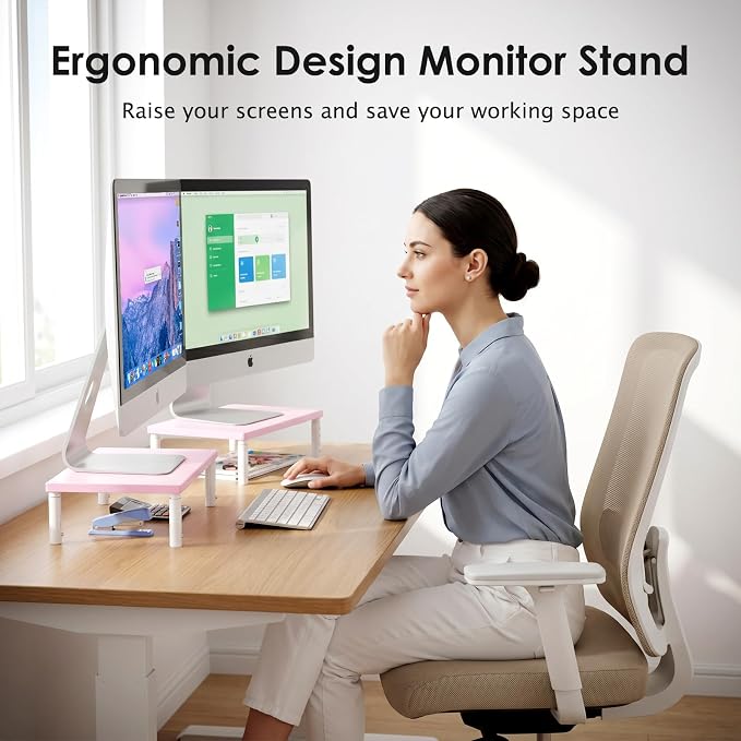 ECOLOVI Adjustable Wood Computer Monitor Stand Riser, Office Desk Organizer and Accessories for Monitor, Laptop, PC, Printer, Office Desk Accessories Workspace Organizer for Home Office Supplies, Pink - Image 2