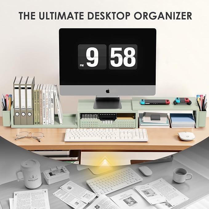 OPNICE Desk Organizers and Accessories, Dual Monitor Stand Riser with Drawer and 2 Pen Holders, Desk Shelf Computer Racks for Office Workspace Organizers, Desktop Organization (Sage Green) - Image 6