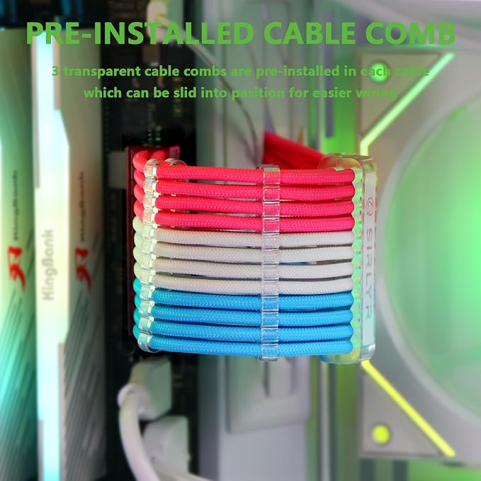 Sirlyr PSU Cable Extension,Customed Pre-Bend PC Power Supply Cable,1x 24 Pin ATX / 1x 8 (4+4) Pin EPS/Longer 2X 8 (6+2) Gold-Plated Pin Pcie,Nylon Sleeved Pink Blue White,4 Kits - Image 3