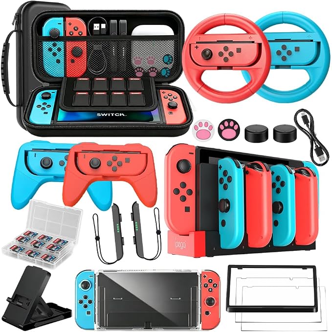 Accessories Bundle for Nintendo Switch 1/OLED, OUNFNOE 19-IN-1 Kits for Switch OLED Accessories, Carrying Case, Controller Charging Dock, Joy-Con Thumb Grips, Tempered Screen Protector, Steering Wheels for Mario Kart, Protective Console Cover by Unknown