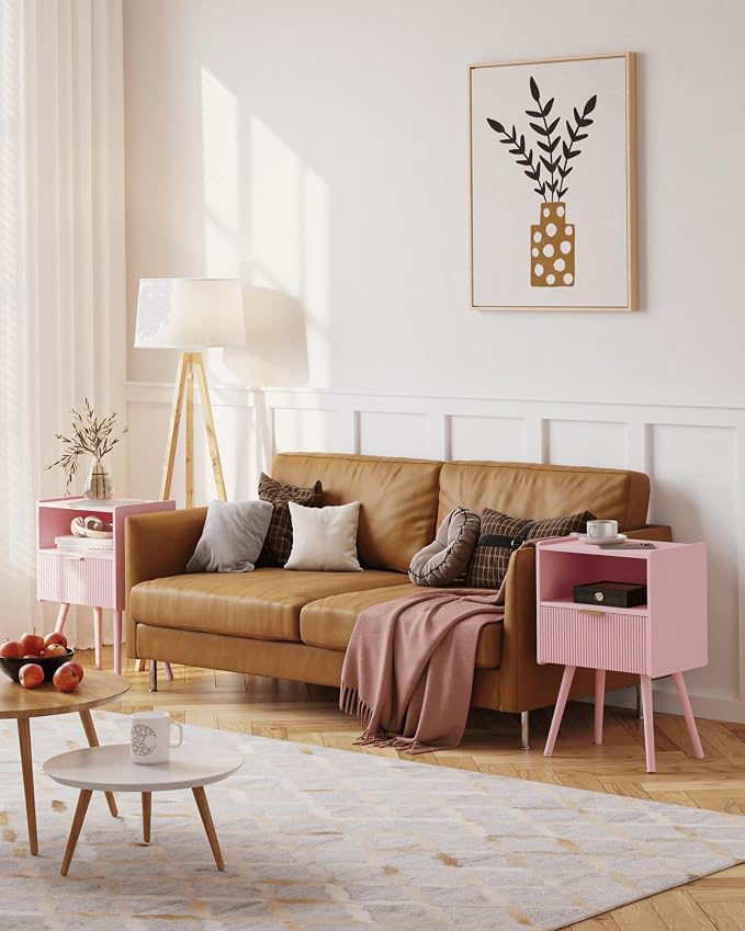 JOONEE Nightstand,Modern Bedside Table with Storage Drawer and Open Wood Shelf, for Living Room, Bedroom and Small Spaces, Accent Night Stand with Solid Wood Legs, Easy Assembly,Classic Pink - Image 3