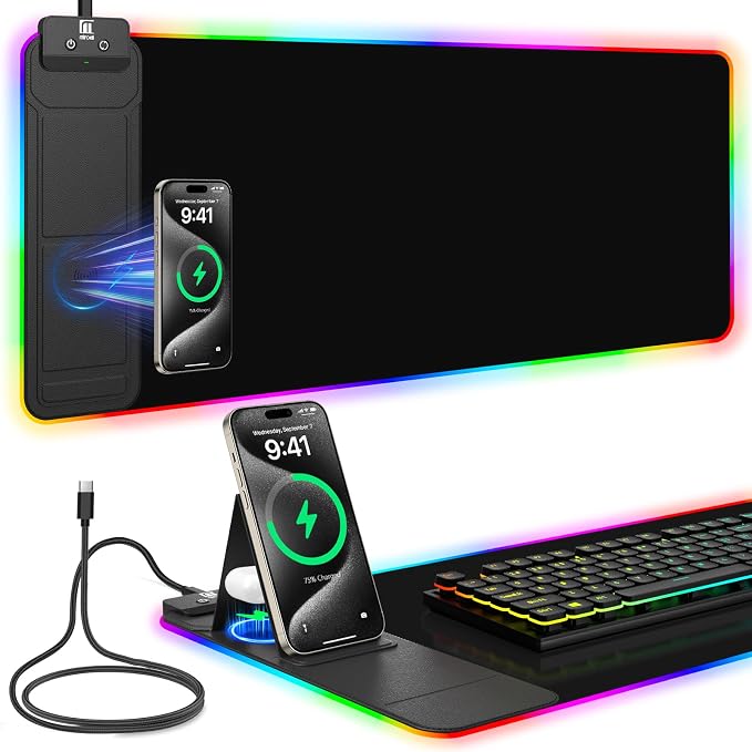Mouse Pad with Foldable Phone Holder & Wireless Charger, XL RGB Gaming Mousepad 31.5"x11.8" Large Desk Mat for Keyboard, Home Desk Pad with Dual Qi Charging Station | 11 Colors & 5 Modes | Waterproof by miroddi