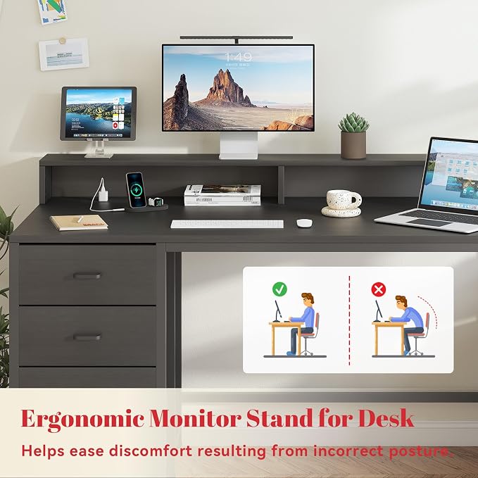 Gaming Desk with Storage Drawers, Computer Desk with Shelves & Charging Station, Corner Writing Table with Pegboard for Small Space, Home Office Desk, Black - Image 6