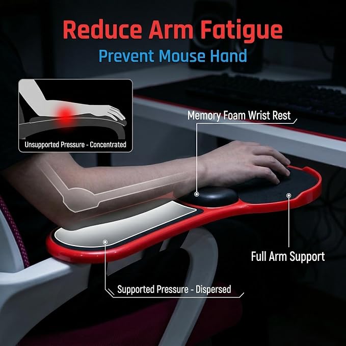 Ergonomic Adjustable Chair Arm Rest Mouse Pad with Wrist Cushion,Mouse Extension Platform Tray with Anti-Fall Baffle, Chair Attachment Arm Support with Straps (Red) - Image 3