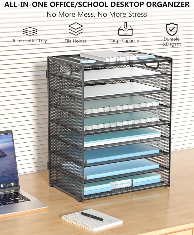 WALI Desk File Organizer, 9 Tier Desktop Paper Letter Tray Organizer with Handle, Office Desk Accessories & Workspace Organizers for Office, Home, School Supplies, 1 Pack, Black - Image 3