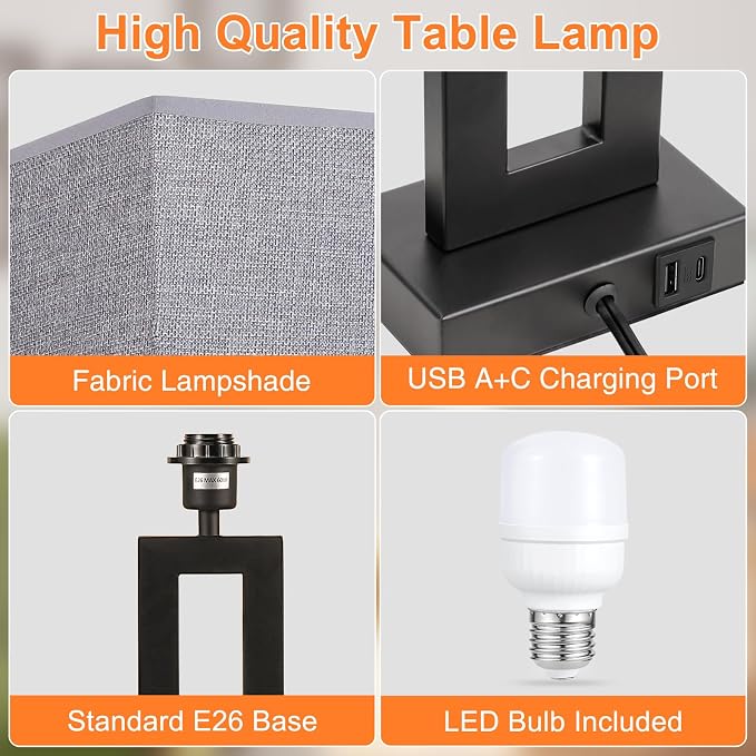 Seealle 22" Tall Living Room Lamps for Night Stands - Touch Bedside Lamp with USB C+A, 3 Way Dimmable Bedroom Lamps for End Tables Set of 2, Modern Night Stand Lamps for Bed Side(Grey&Black) - Image 5