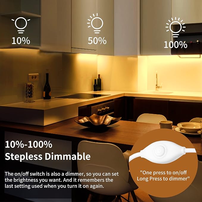 JUSJUBR Under Cabinet Lighting, 2pcs 12" 3000K Dimmable LED Closet Light, USB Plug, Memory Function, Linkable Cabinet Light Bar for Kitchen, Plug-in Workbench Light, Super Slim LED Light Bar for Room - Image 3