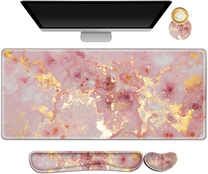 AIMSA Keyboard Mouse Pad Set, Large Gaming Mouse Pad +Wrist Rest Mouse Pad +Keyboard Wrist Support +Coaster, 35x15.7 inch Extended Desk Mat for Easy Typing Pain Relief (Pink Gilt Marble) by AIMSA