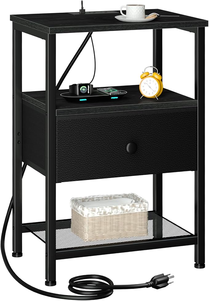 LOAKEKEL Night Stand, Small Nightstand with Charging Station by LOAKEKEL