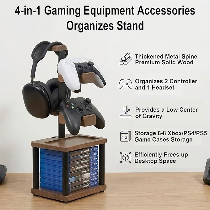 Solid Wood Controller Holder and Headphone Stand with Storage Base for Desk | Holds 1 Headset & 2 Controller - Gaming Equipment Accessories for PS5/Xbox/Switch and Headset Holder, Gamer Gift for Men - Image 6