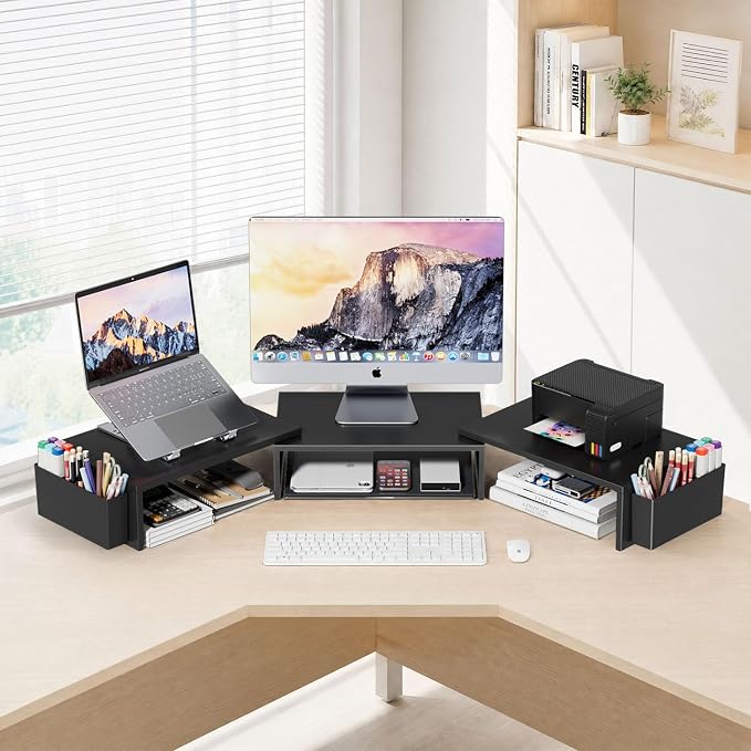 AUPSEN Dual Monitor Riser with Pen Holder, Wood Metal Computer Monitor Stand for Desk, Desk Organizers and Accessories for Office Supplies, Laptop, Desktop, TV and More (Black) - Image 2