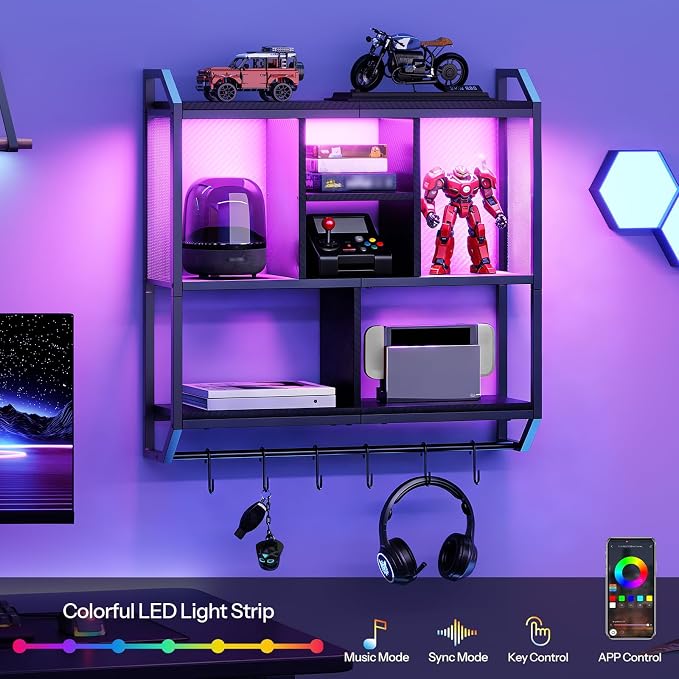 HOOBRO Gaming Floating Shelves with LED Lights, 28.7" LED Wall Mounted Shelf, 3-Tier Display Rack for Wall Storage, Floating Rack with Hanging Rod and 6 S-Hooks, for Gaming Room, Black BB70DBJ01 - Image 4