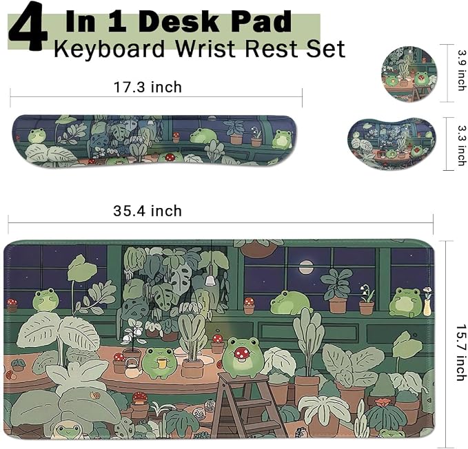 Cute Frog 4 in 1 Large Mouse Pad Set, Kawaii Extended Mouse Pad Set Desk Pad Easy Typing for Typing Office Game 35.4 x15.7 in - Kawaii Frog - Image 2