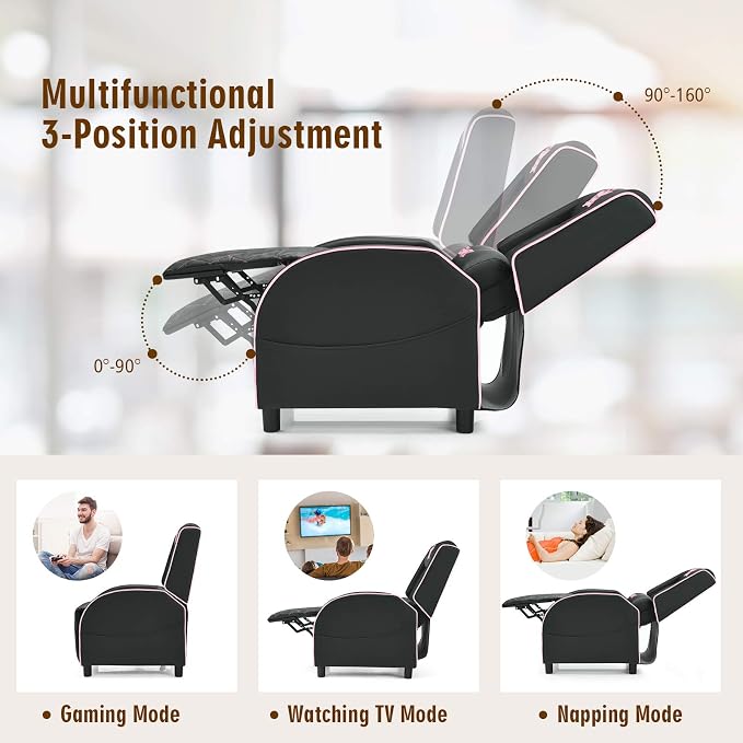 GYMAX Massage Gaming Recliner Chair, Ergonomic Racing Style Single Sofa with Adjustable Headrest, Backrest & Footrest, Home Theater Sofa for Living Room Office (Pink) - Image 4