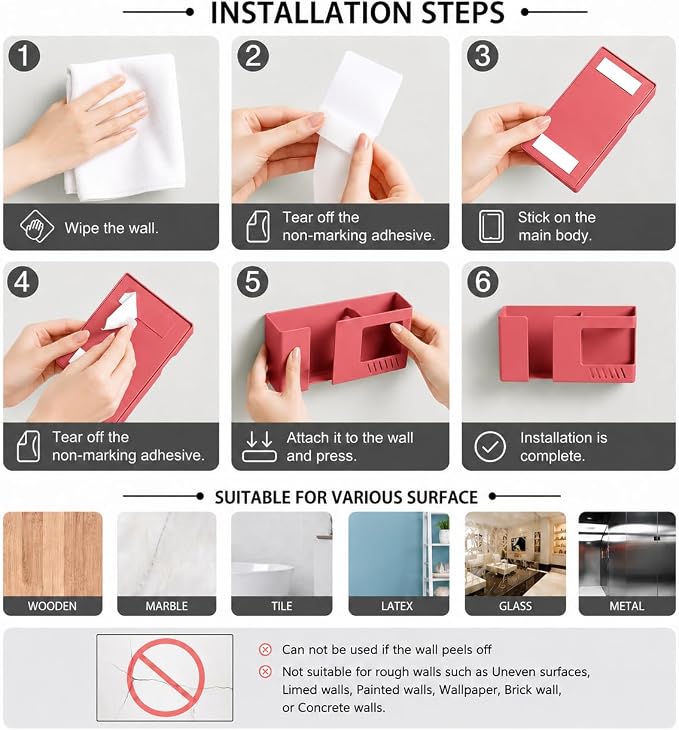 D3 Wall Mount Phone Holder, Punch-Free Wall-Mounted Mobile Phones Charging to Stand, Sticky Remote Control Storage Box Bedside Lazy Mobile Phone Rack, Multipurpose Storage Box (2 Pack-R) - Image 7