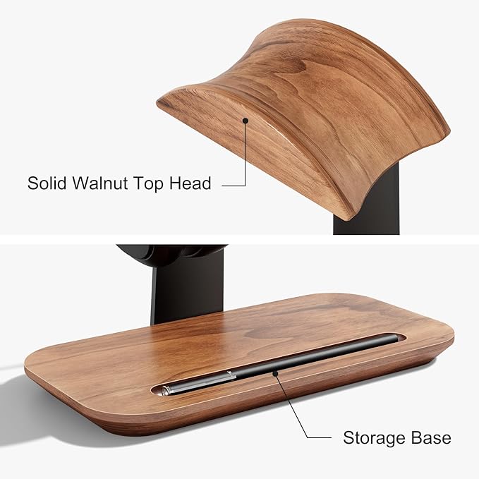 UPERGO Walnut Headphone Stand, Wood Headset Holder with Storage for Desk | Solid Walnut & Aluminum, Anti-Slip Base, Universal for Gaming Headsets & AirPods Max, Extra Storage Tray - Image 5