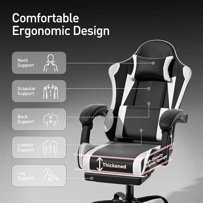 MoNiBloom Gaming Chair, Footrest & Lumbar Support, Height Adjust, White | Headrest & Lumbar Support, Ergonomic Computer chair, for Adult Teen Office or Gaming,Swivel game chair, leather gaming chair - Image 5