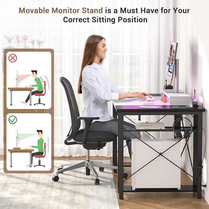 Armocity Computer Desk with LED Lights, 48 Inch Desk with Power Outlet and USB, Reversible Large Desk with Moveable Monitor Stand, 48'' Gaming PC Table for Home Office, Workstation, White and Black - Image 6